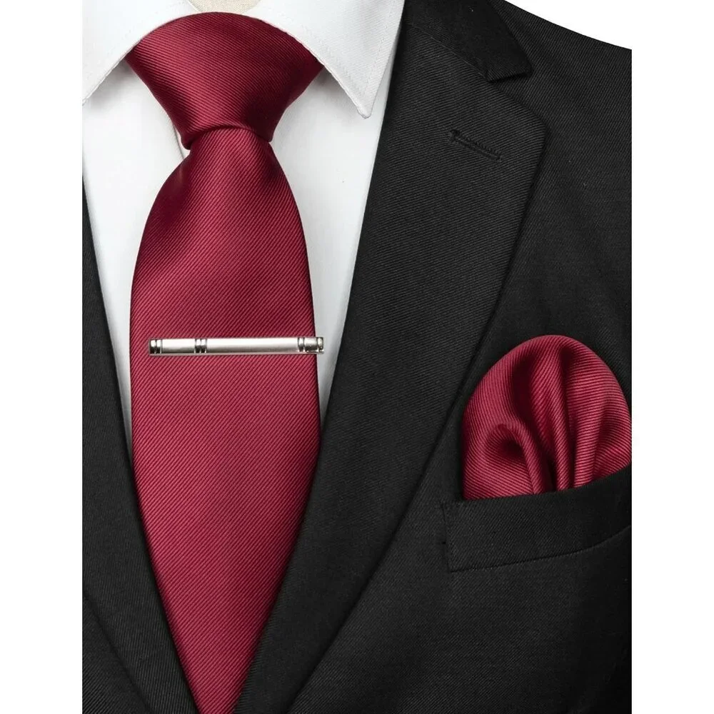 Men's Crimson Colour Formal Necktie and Pocket Square Tie Clip Sets